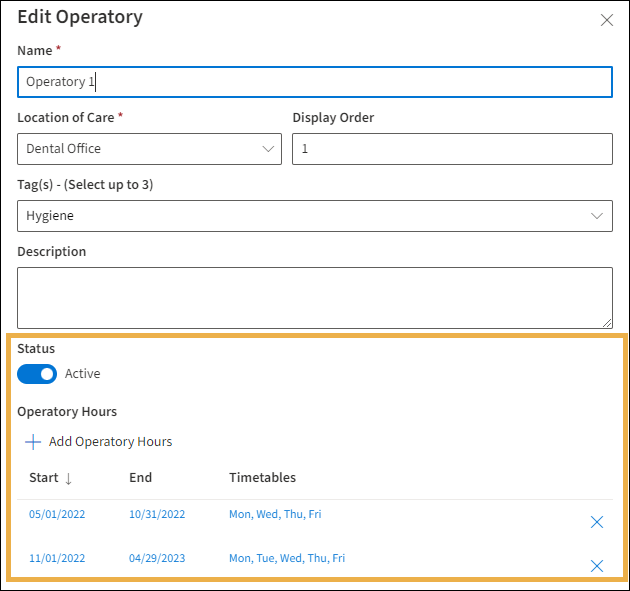 Edit Operatory window with yellow highlight box around the status and other edit areas.